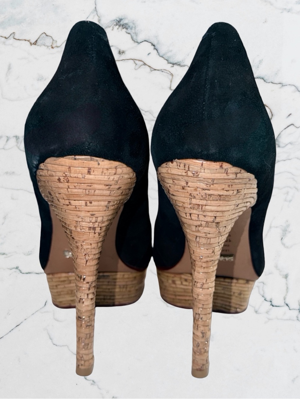 Schutz Black Suede Peep-Toe Platform Stiletto Heels Cork Bamboo Texture Sz 10 - Picture 10 of 13